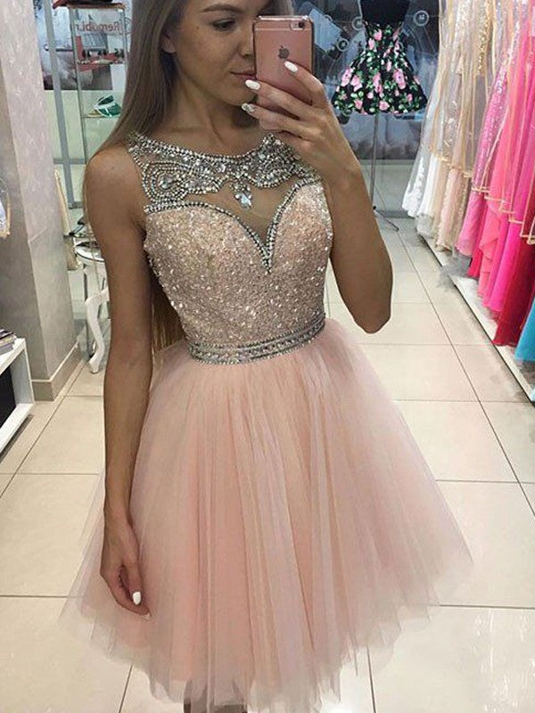 Wholesale A-Line/Princess Sleeveless Scoop Beading Short/Mini Tulle Dresses